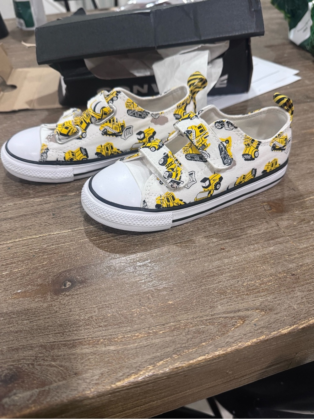 Converse Kids White Canvas Sneakers with Yellow Construction Print